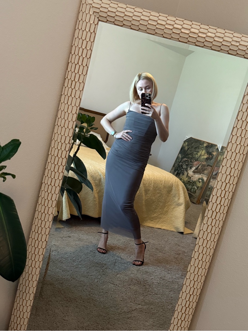 Spaghetti strap Ruched Bodycon Dress in Beige Gray